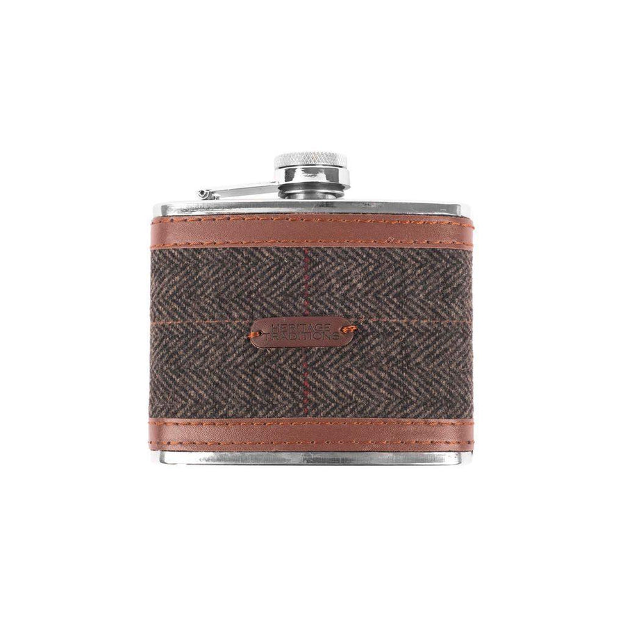 Heritage Traditions Tweed 4oz Hip Flask with Brown PU Trim Detail