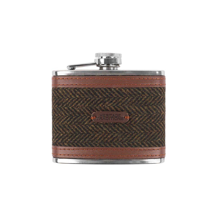 Heritage Traditions Tweed 4oz Hip Flask with Brown PU Trim Detail