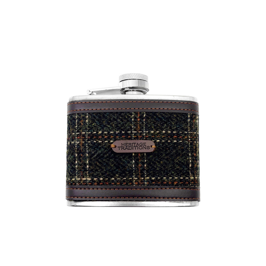 Heritage Traditions Tweed 4oz Hip Flask with Brown PU Trim Detail