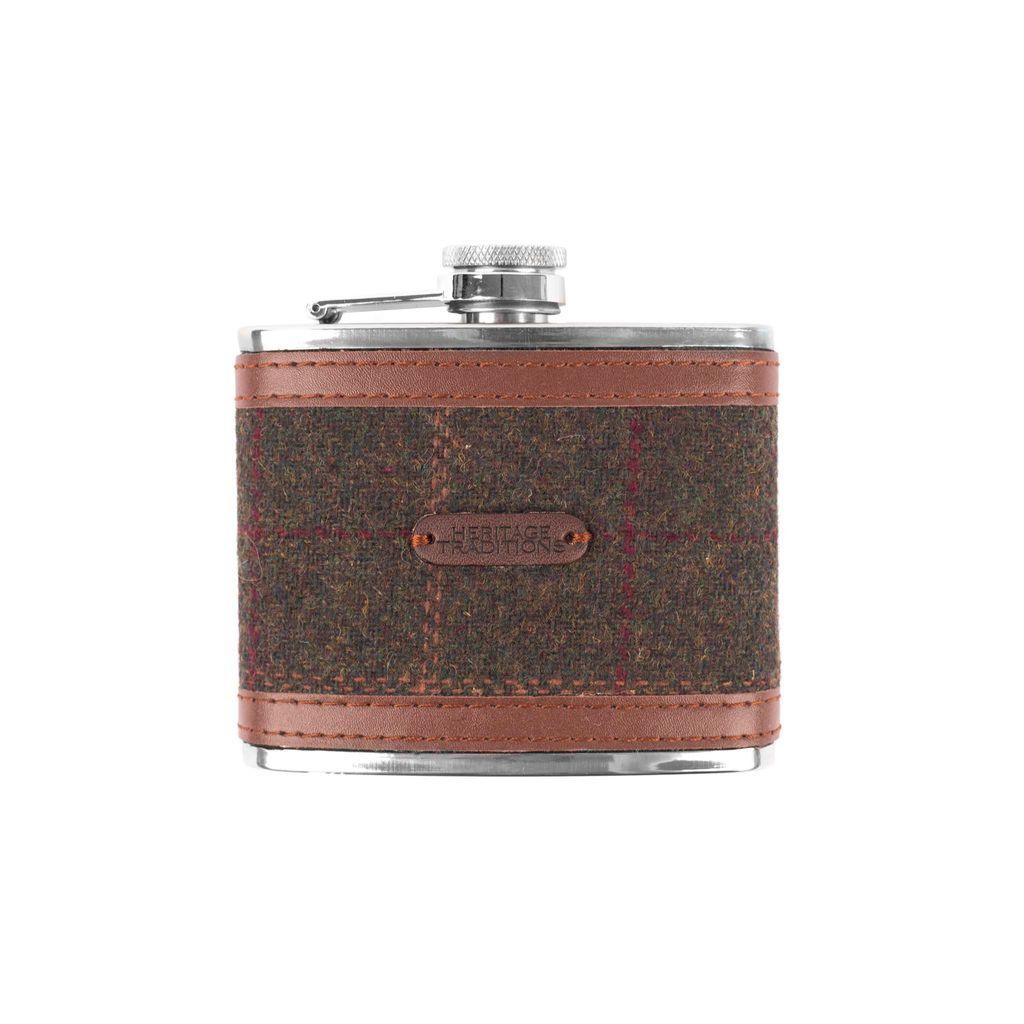 Heritage Traditions Tweed 4oz Hip Flask with Brown PU Trim Detail