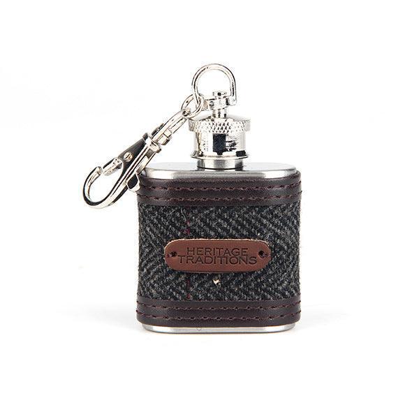 Heritage Traditions Tweed 1oz Hip Flask with Brown PU Trim Detail