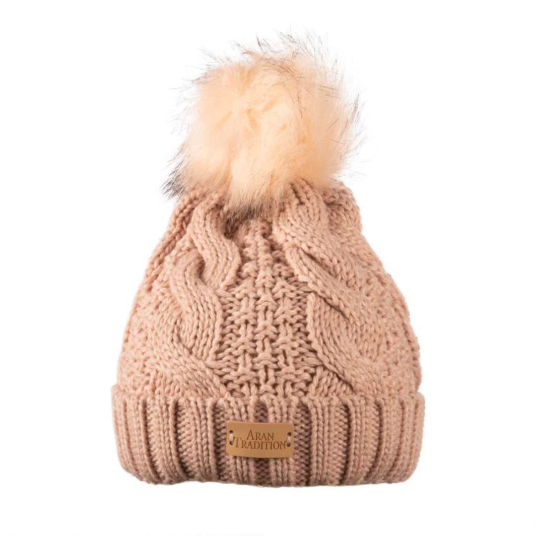 Aran Cable Knit Hat Pom Pom Green