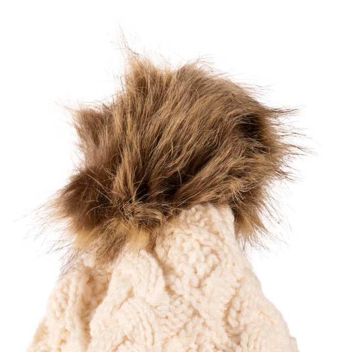 Aran Diamond Cable Button Hat Fisherman Stitch Pom Pom Hat | Chunky Rib Knit with Faux Fur Pom Pom