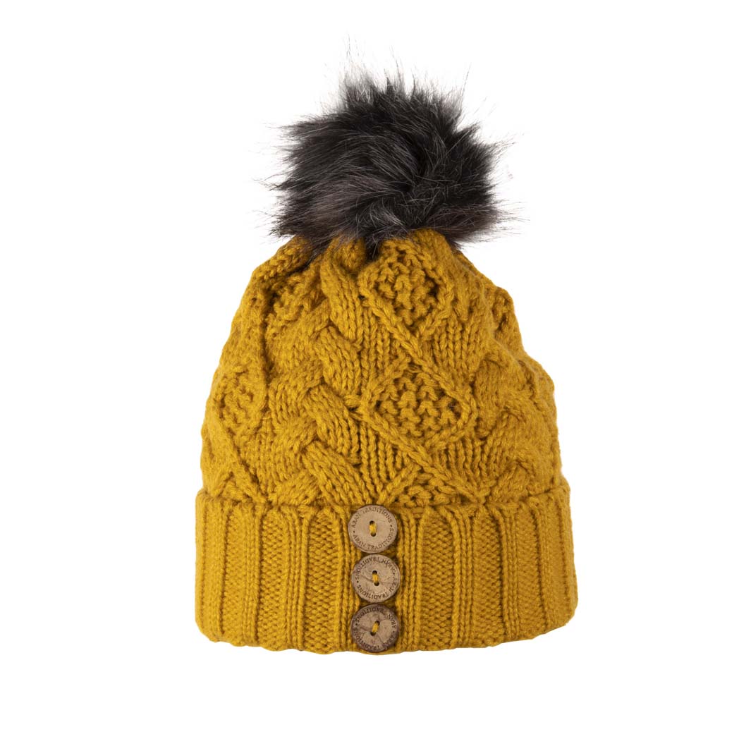 Aran Diamond Cable Button Hat Fisherman Stitch Pom Pom Hat | Chunky Rib Knit with Faux Fur Pom Pom