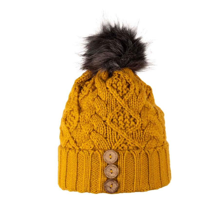 Aran Diamond Cable Button Hat Fisherman Stitch Pom Pom Hat | Chunky Rib Knit with Faux Fur Pom Pom