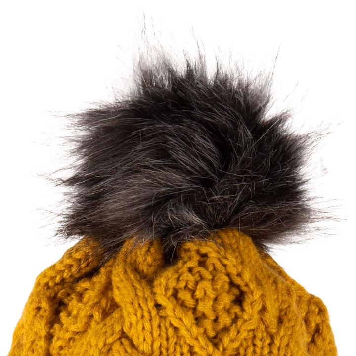 Aran Diamond Cable Button Hat Fisherman Stitch Pom Pom Hat | Chunky Rib Knit with Faux Fur Pom Pom