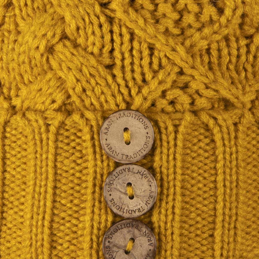 Aran Diamond Cable Button Hat Fisherman Stitch Pom Pom Hat | Chunky Rib Knit with Faux Fur Pom Pom