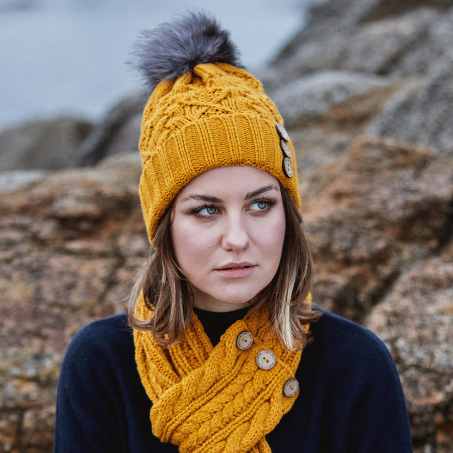 Aran Diamond Cable Button Hat Fisherman Stitch Pom Pom Hat | Chunky Rib Knit with Faux Fur Pom Pom