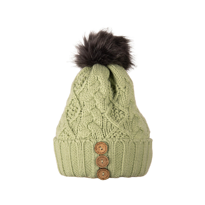 Aran Diamond Cable Button Hat Fisherman Stitch Pom Pom Hat | Chunky Rib Knit with Faux Fur Pom Pom