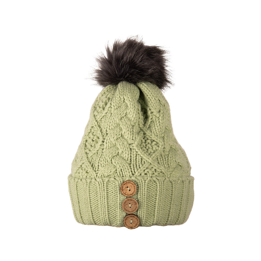 Aran Diamond Cable Button Hat Fisherman Stitch Pom Pom Hat | Chunky Rib Knit with Faux Fur Pom Pom
