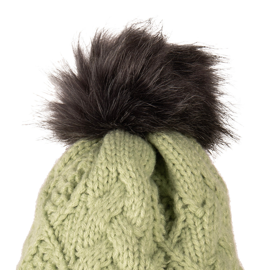 Aran Diamond Cable Button Hat Fisherman Stitch Pom Pom Hat | Chunky Rib Knit with Faux Fur Pom Pom