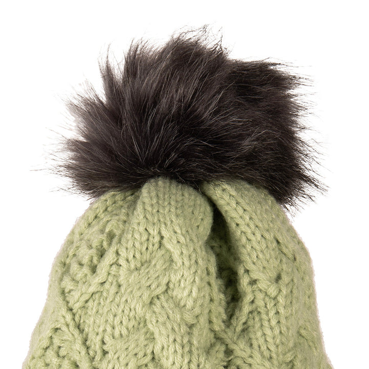Aran Diamond Cable Button Hat Fisherman Stitch Pom Pom Hat | Chunky Rib Knit with Faux Fur Pom Pom