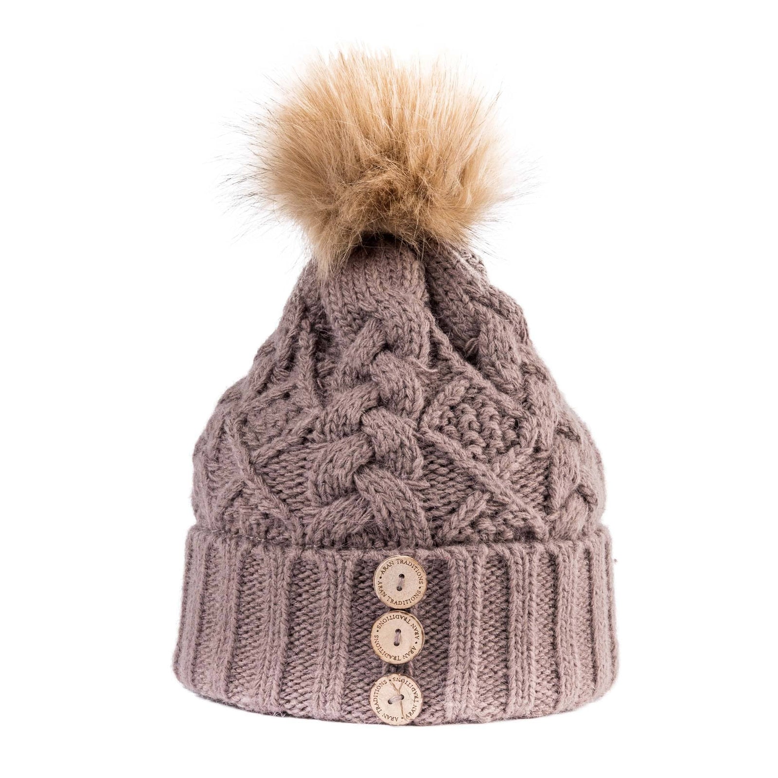 Aran Diamond Cable Button Hat Fisherman Stitch Pom Pom Hat | Chunky Rib Knit with Faux Fur Pom Pom