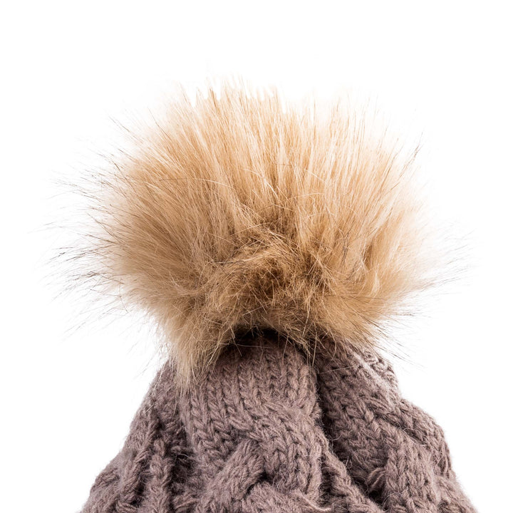 Aran Diamond Cable Button Hat Fisherman Stitch Pom Pom Hat | Chunky Rib Knit with Faux Fur Pom Pom