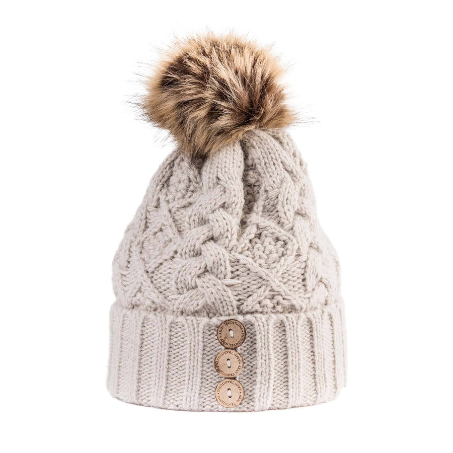 Aran Diamond Cable Button Hat Fisherman Stitch Pom Pom Hat | Chunky Rib Knit with Faux Fur Pom Pom