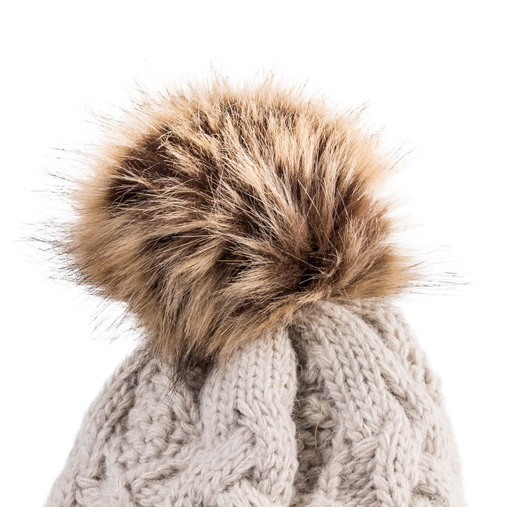 Aran Diamond Cable Button Hat Fisherman Stitch Pom Pom Hat | Chunky Rib Knit with Faux Fur Pom Pom