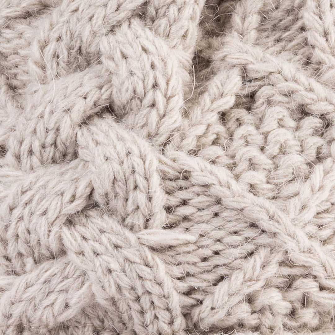Aran Diamond Cable Button Hat Fisherman Stitch Pom Pom Hat | Chunky Rib Knit with Faux Fur Pom Pom