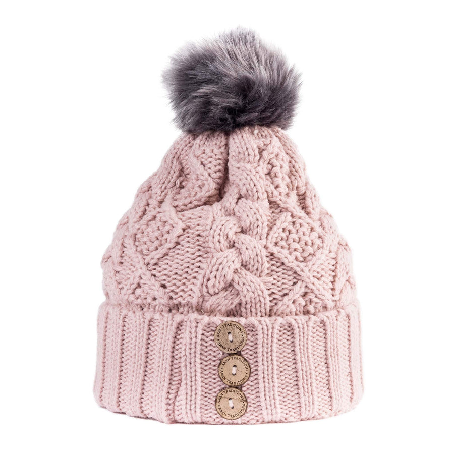 Aran Diamond Cable Button Hat Fisherman Stitch Pom Pom Hat | Chunky Rib Knit with Faux Fur Pom Pom