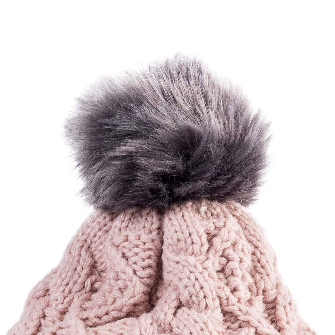 Aran Diamond Cable Button Hat Fisherman Stitch Pom Pom Hat | Chunky Rib Knit with Faux Fur Pom Pom