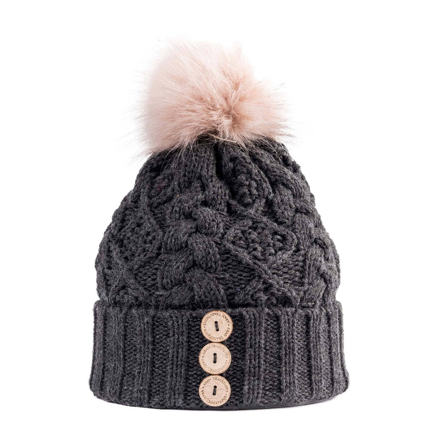 Aran Diamond Cable Button Hat Fisherman Stitch Pom Pom Hat | Chunky Rib Knit with Faux Fur Pom Pom