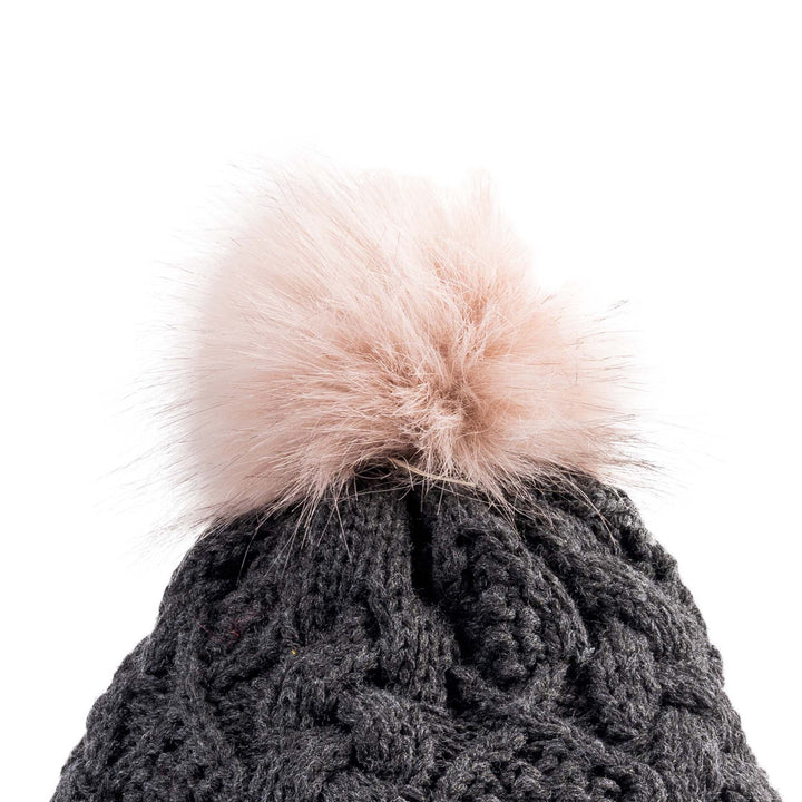 Aran Diamond Cable Button Hat Fisherman Stitch Pom Pom Hat | Chunky Rib Knit with Faux Fur Pom Pom