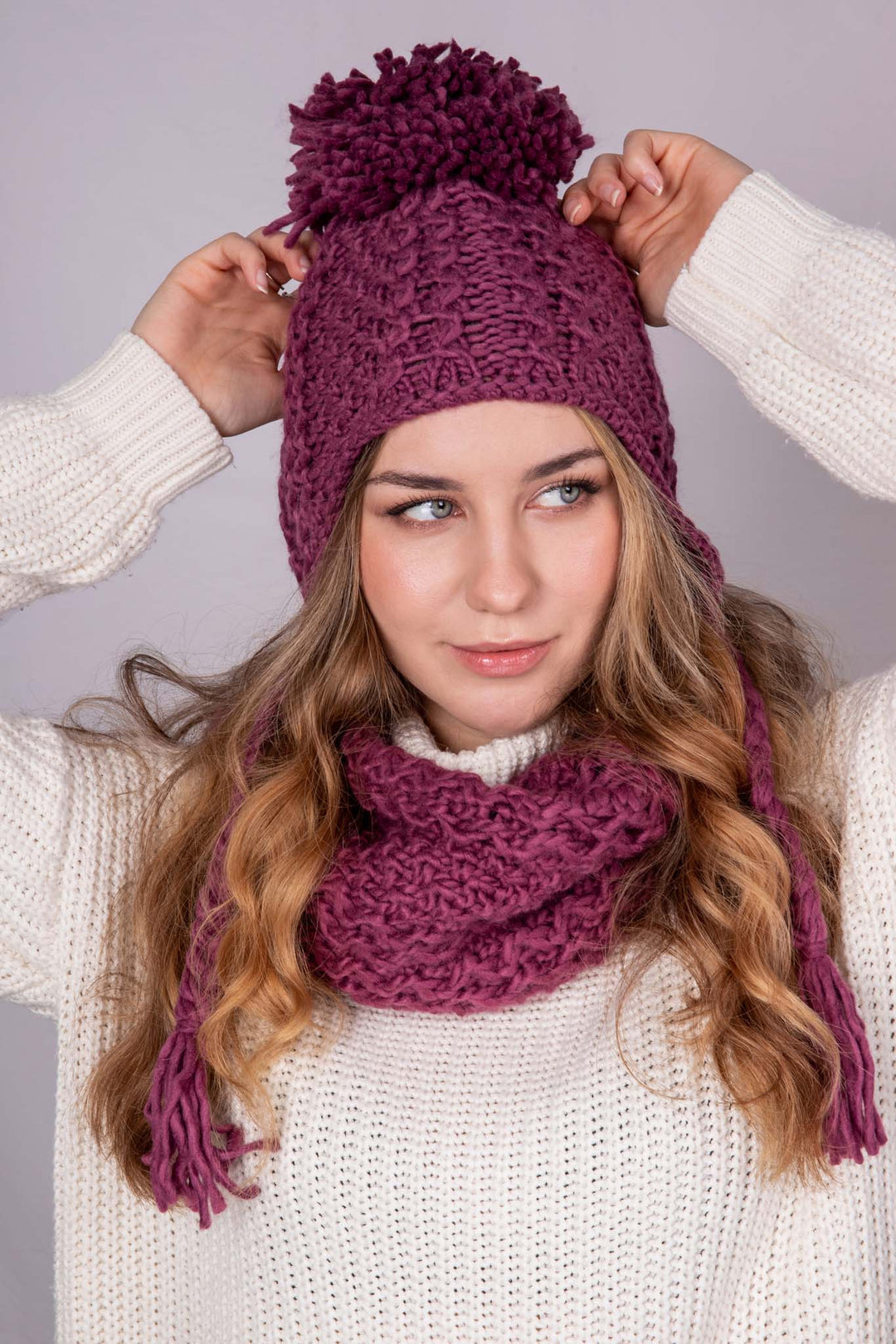 Honeycomb Knit Pom Pom Trapper Hat Stay Cozy & Chic with Honeycomb Knit Pom Pom Trapper Hat