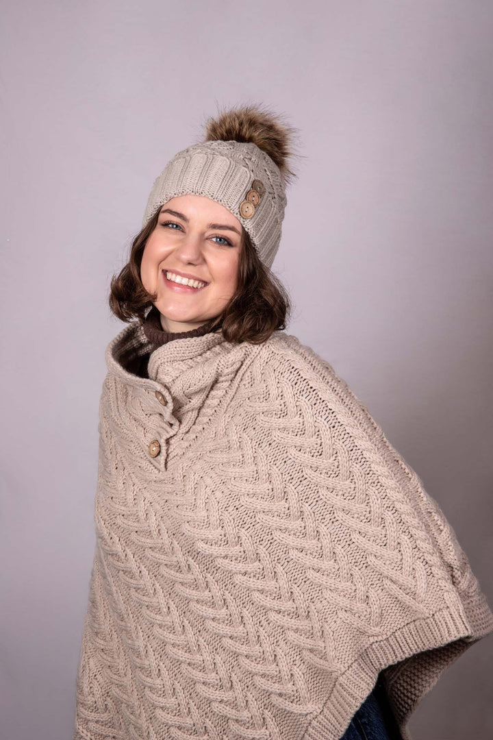 Aran Diamond Cable Button Hat Fisherman Stitch Pom Pom Hat | Chunky Rib Knit with Faux Fur Pom Pom
