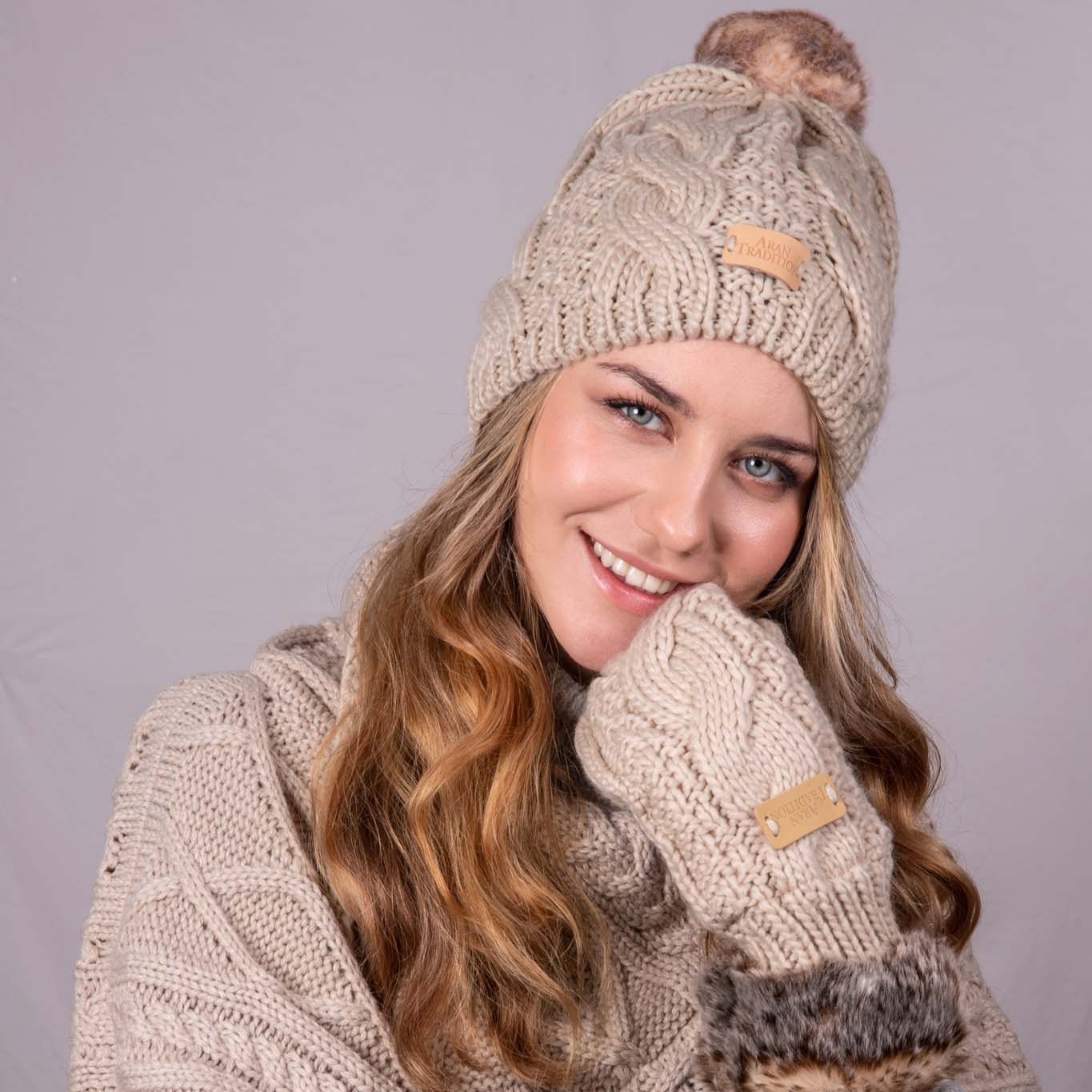 Aran Cable Fur Trim Mittens Stay Cozy & Luxurious with Aran Cable Fur Trim Mittens