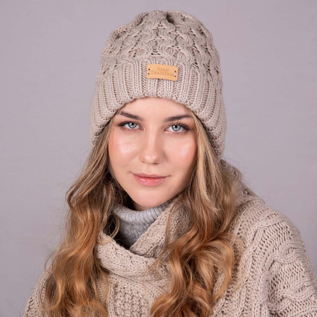 Aran Cable Knit Beanie Hat Traditional Honeycomb Design