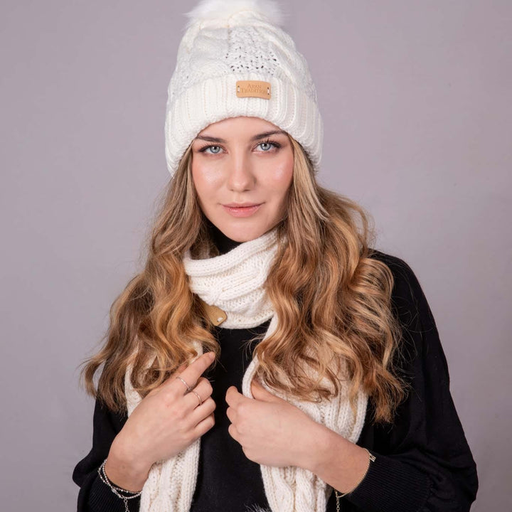 Aran Cable Pom Pom Scarf Aran Cable Pom Pom Scarf | Soft Knit with Faux Fur Trim | One Size