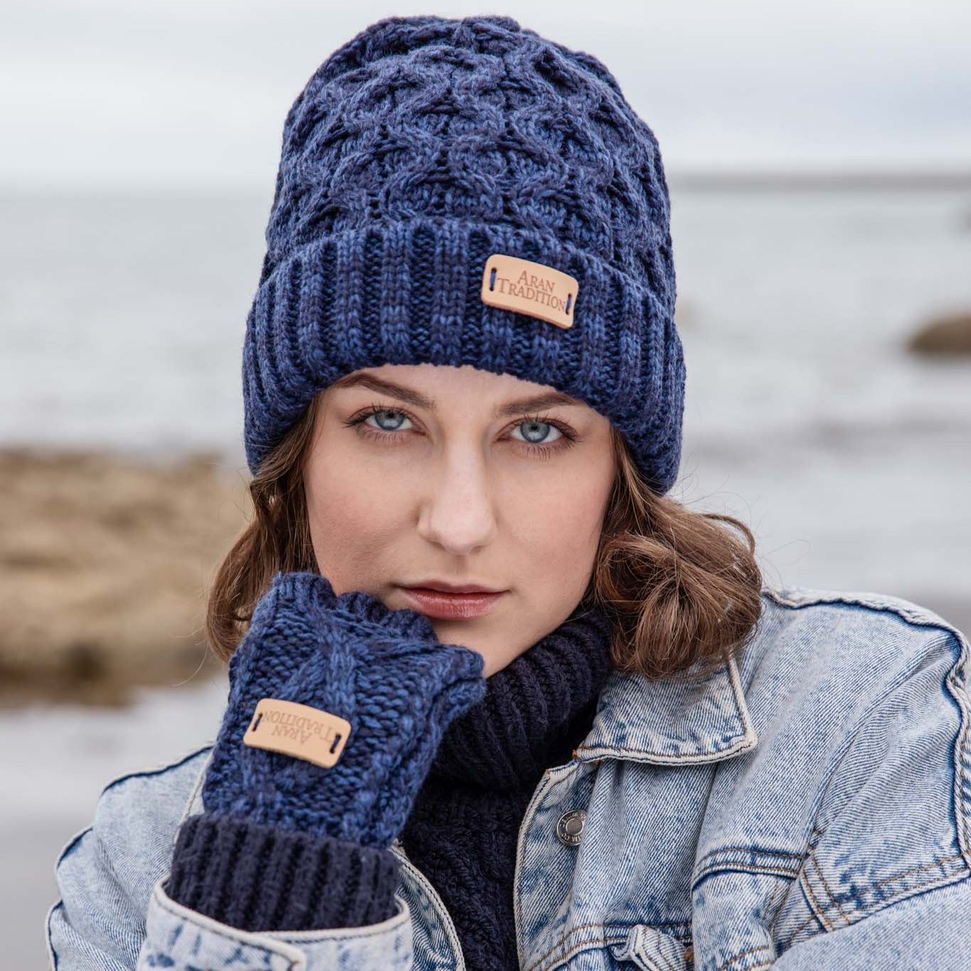 Aran Cable Knit Beanie Hat | Traditional Honeycomb Design