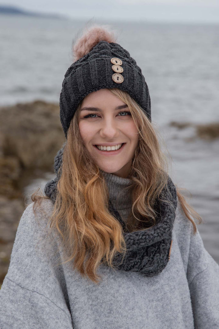 Aran Diamond Cable Button Hat Fisherman Stitch Pom Pom Hat | Chunky Rib Knit with Faux Fur Pom Pom