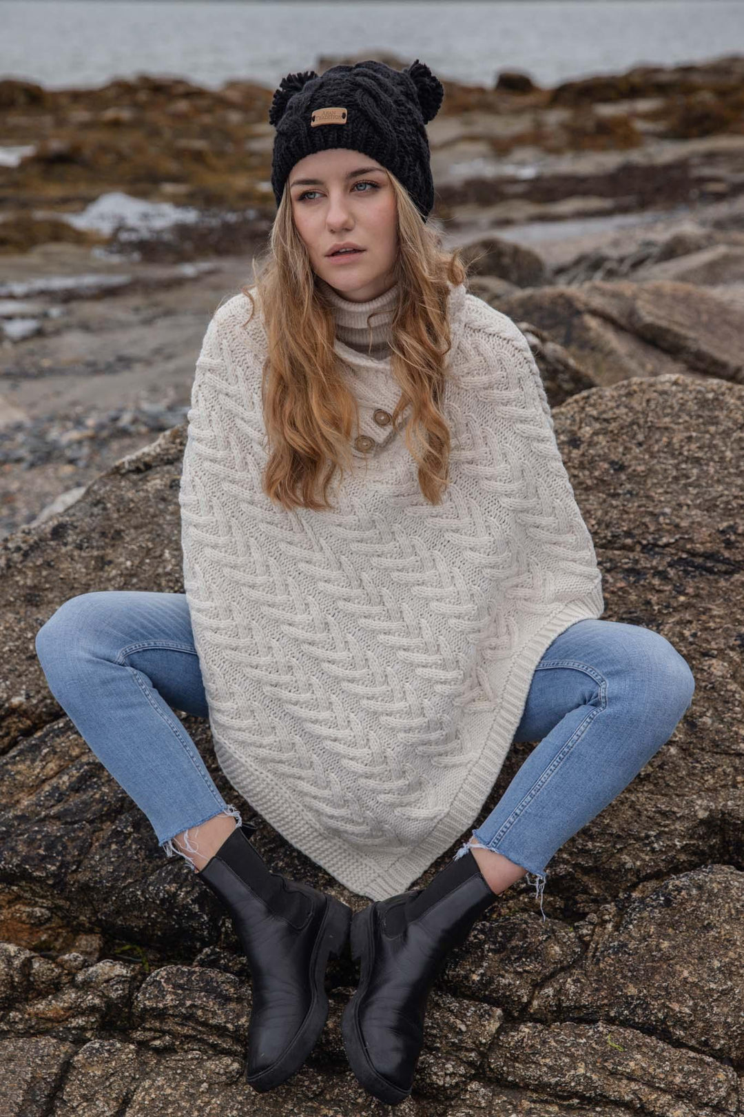 Ladies Cable Knit Poncho with Buttons