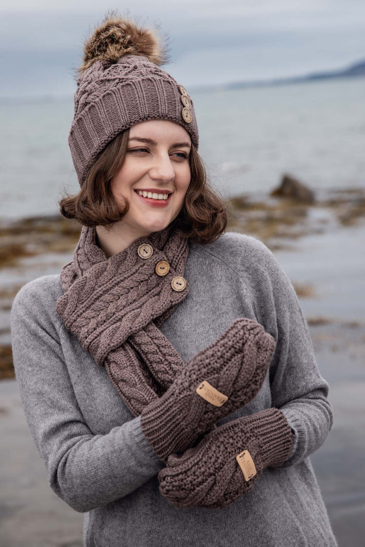 Aran Diamond Cable Button Hat Fisherman Stitch Pom Pom Hat | Chunky Rib Knit with Faux Fur Pom Pom