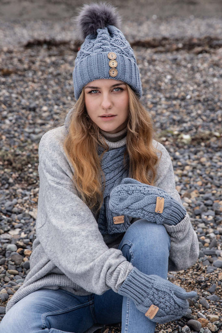 Aran Diamond Cable Button Hat Fisherman Stitch Pom Pom Hat | Chunky Rib Knit with Faux Fur Pom Pom