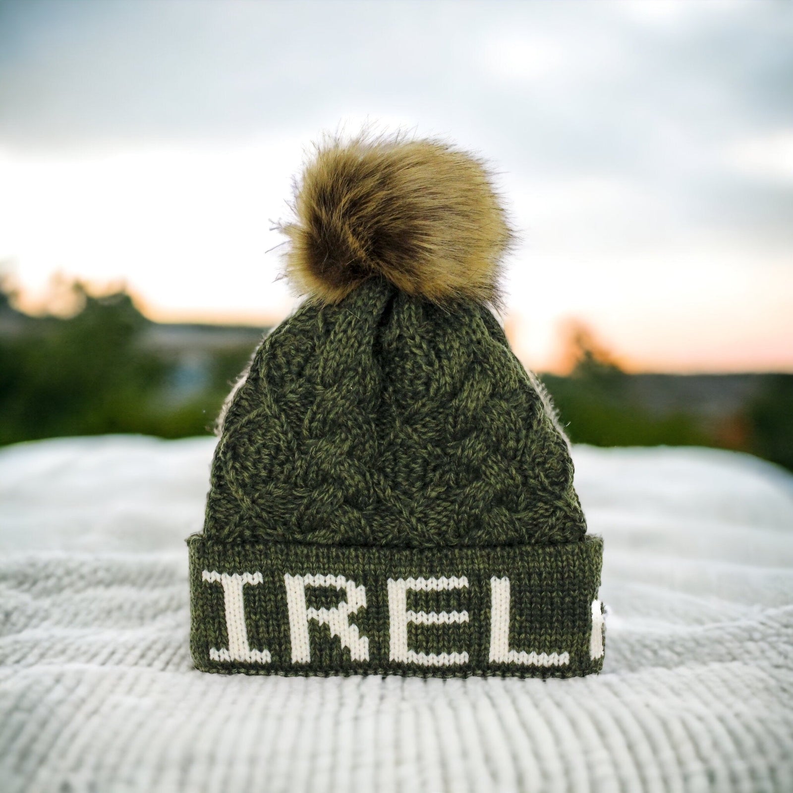 Aran Diamond Cable Ireland Pom Pom Hat Aran Diamond Cable IRELAND Pom Pom Hat | Soft Microfleece Lining