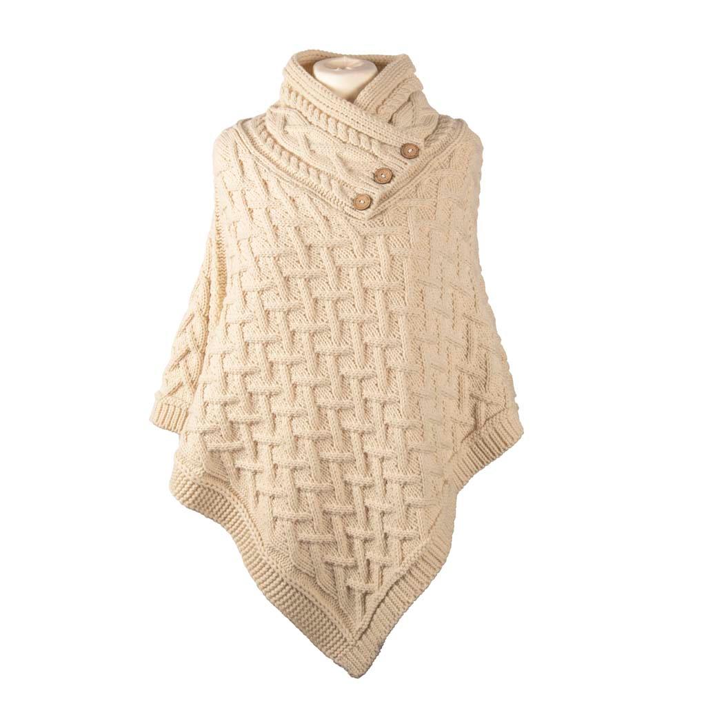 Aran Cable Button Shawl Neck Poncho - Cozy Knitwear for Women