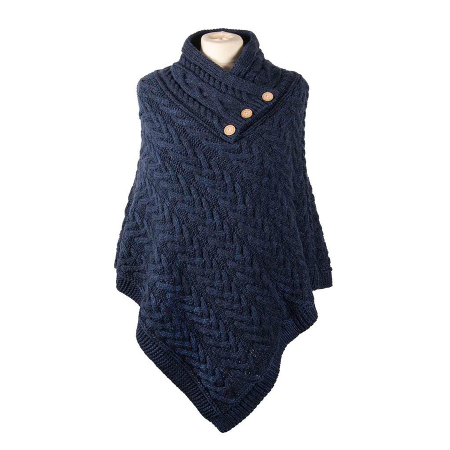 Aran Cable Button Shawl Neck Poncho - Cozy Knitwear for Women