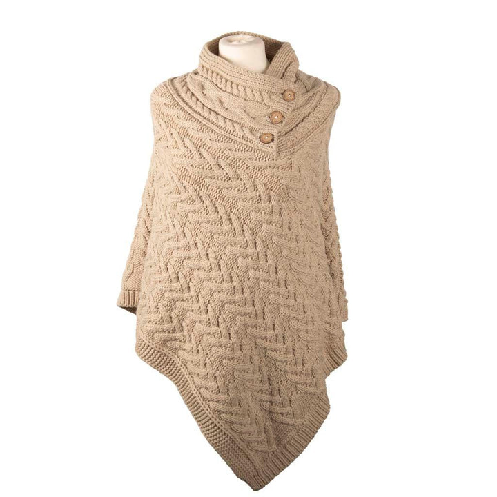 Aran Cable Button Shawl Neck Poncho - Cozy Knitwear for Women