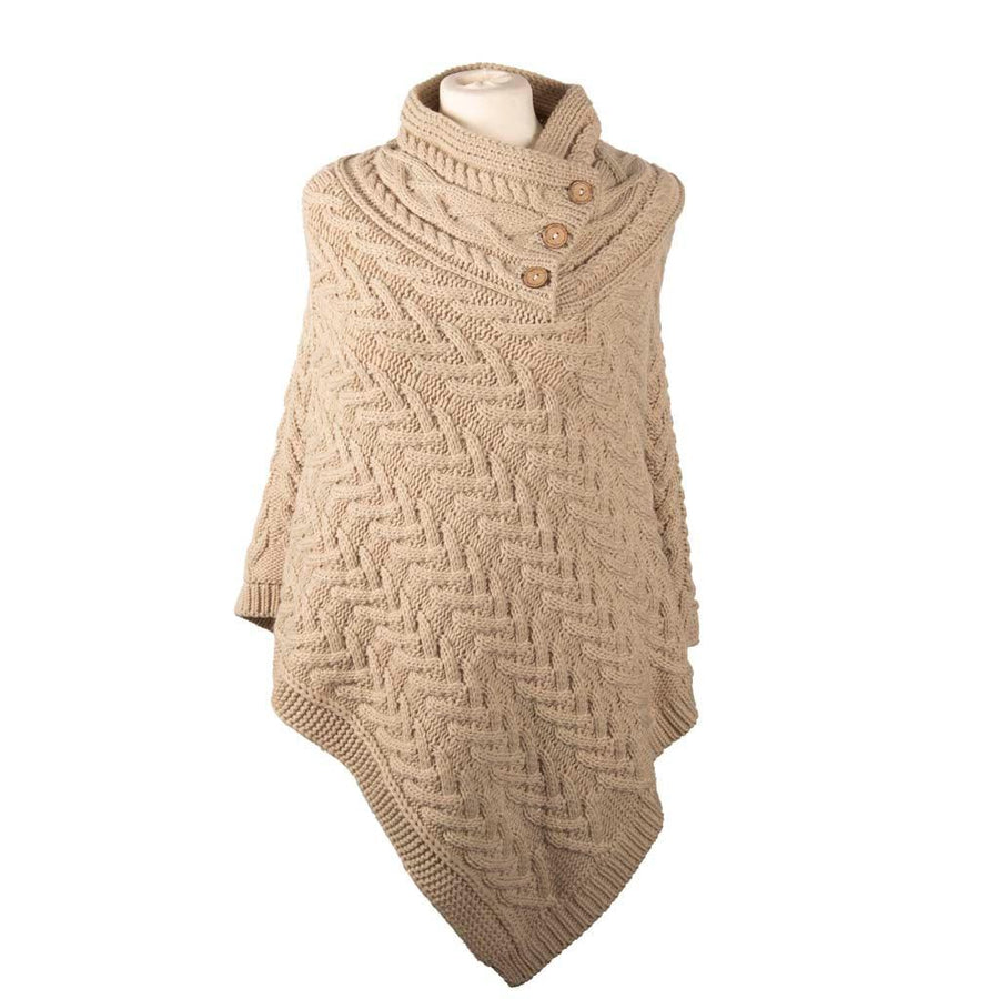 Aran Cable Button Shawl Neck Poncho - Cozy Knitwear for Women