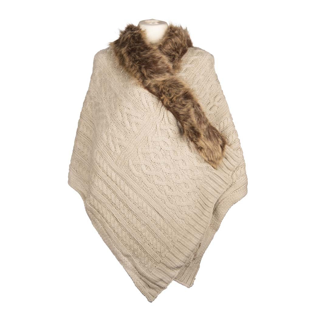 Aran Multi Cable Fur Edge Serape Shawl Aran Multi Cable Fur Edge Serape Shawl | Cozy Winter Accessory
