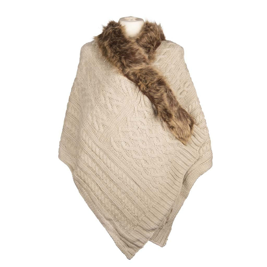 Aran Multi Cable Fur Edge Serape Shawl Aran Multi Cable Fur Edge Serape Shawl | Cozy Winter Accessory